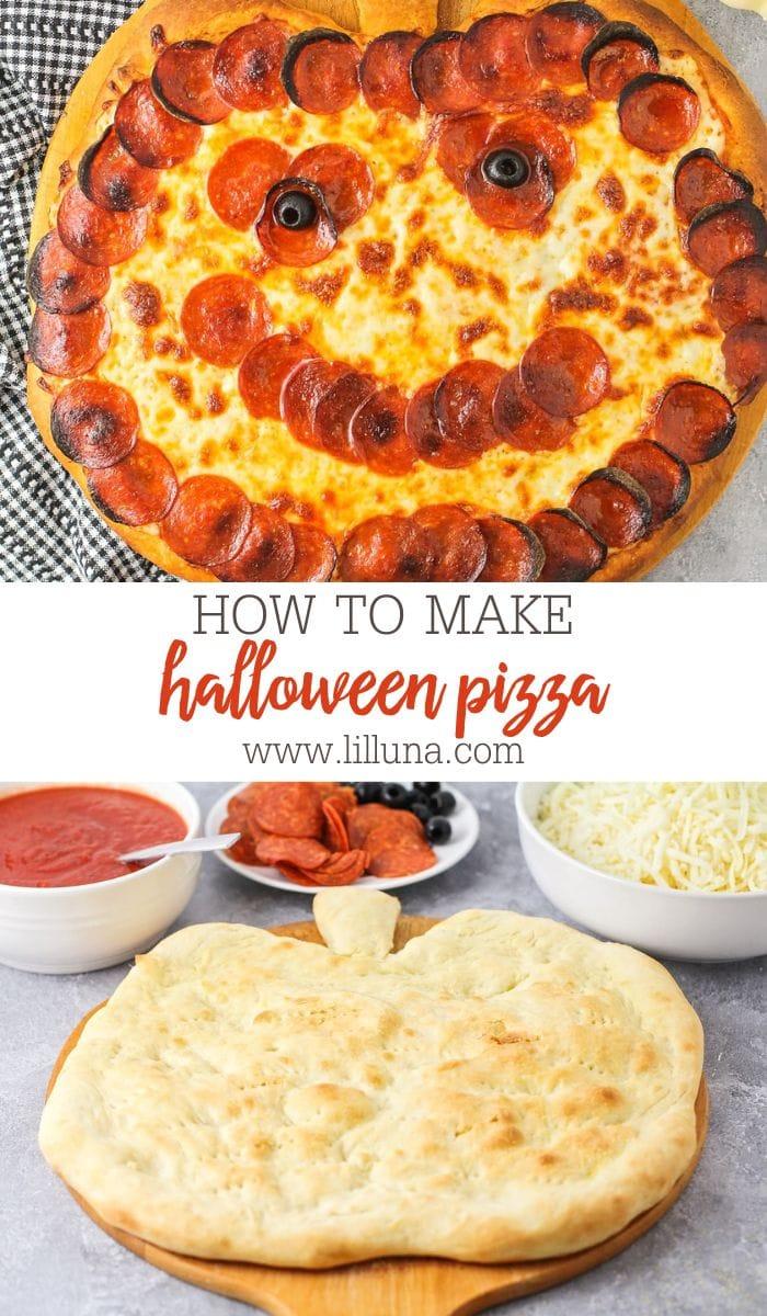 A halloween pizza shaped like a jack o lantern with olive eyes.